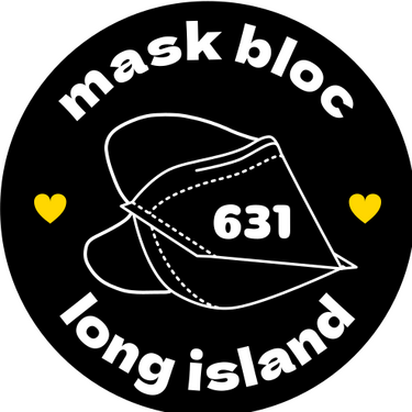 Mask bloc 631 Long Island white duckbill n95 respirator mask and text on a black background with two yellow hearts